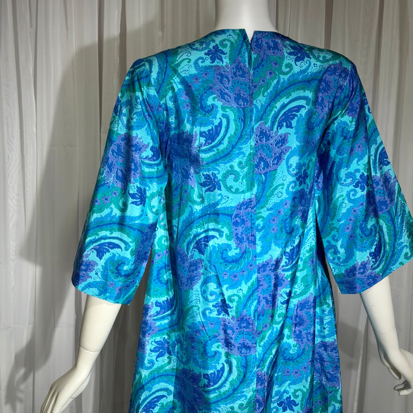 1960s vintage Thai Silk Caftan dress, JIM THOMPSON? blue and purple silk paisley Hippie Boho Dress