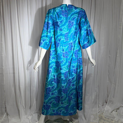 1960s vintage Thai Silk Caftan dress, JIM THOMPSON? blue and purple silk paisley Hippie Boho Dress