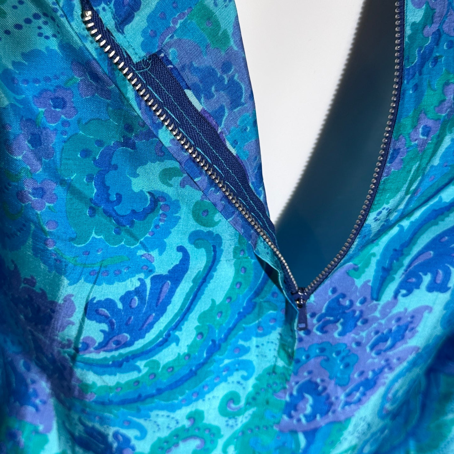 1960s vintage Thai Silk Caftan dress, JIM THOMPSON? blue and purple silk paisley Hippie Boho Dress