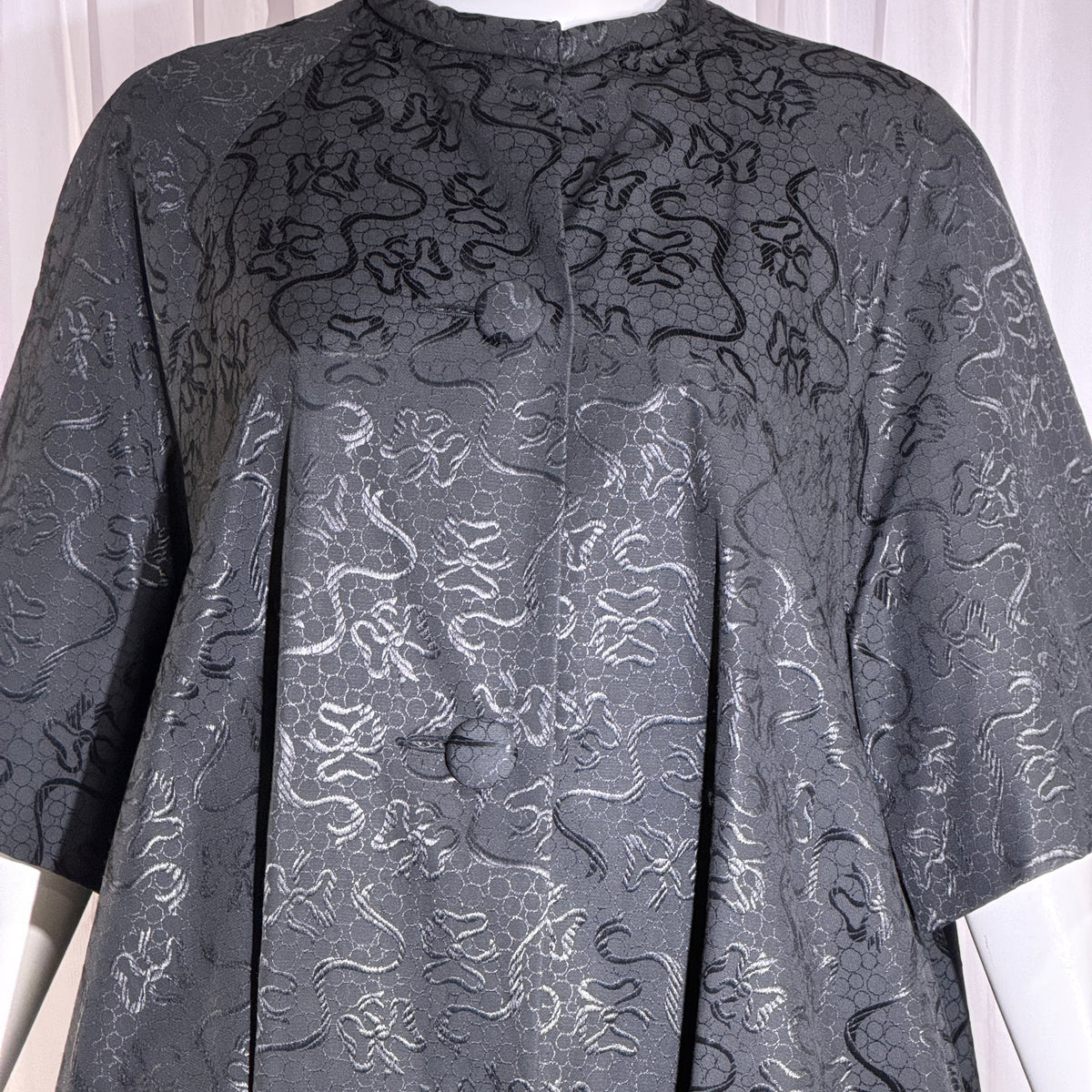 1950s Vintage evening swing coat, Black silk jacquard garland and bows opera coat