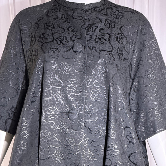 1950s Vintage evening swing coat, Black silk jacquard garland and bows opera coat