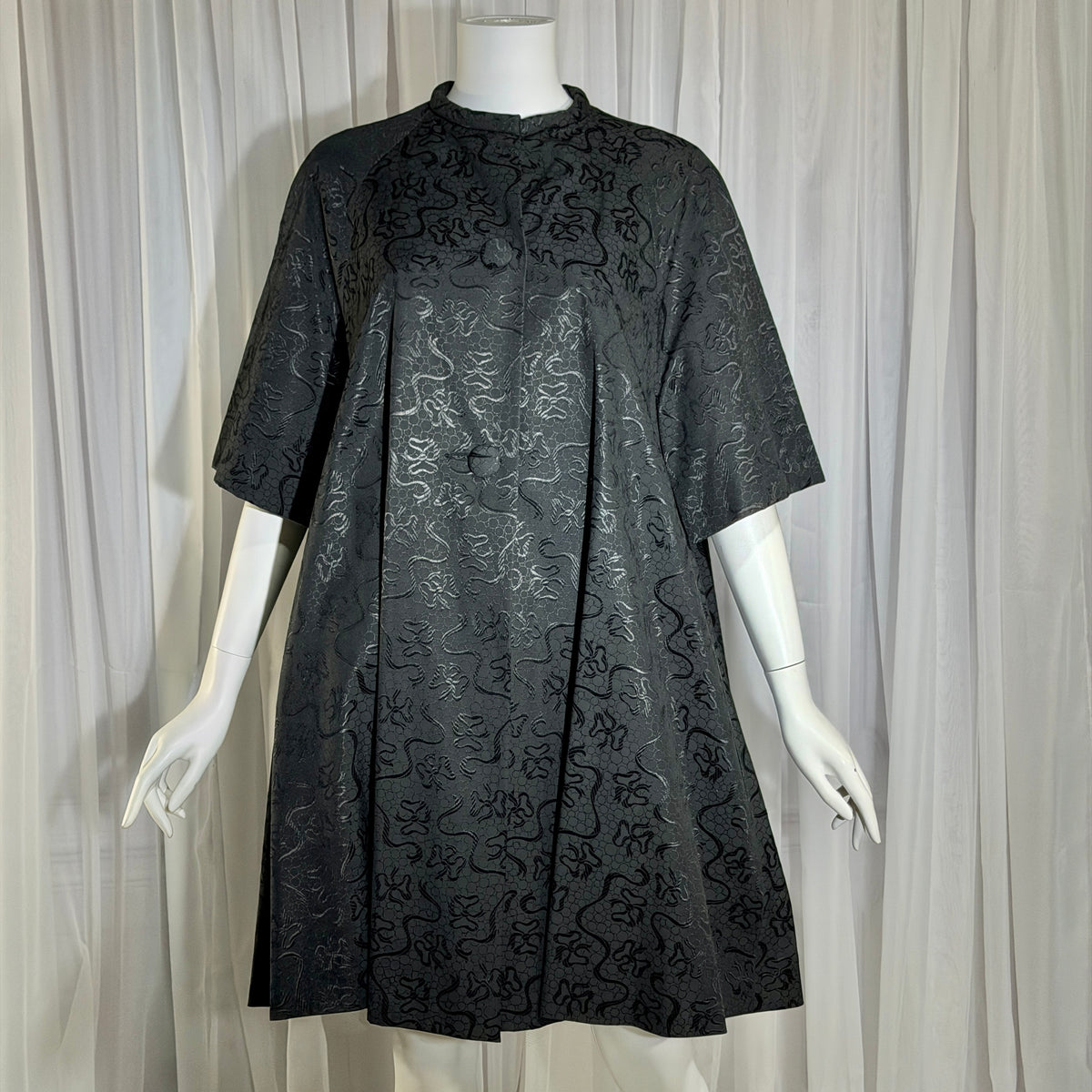 1950s Vintage evening swing coat, Black silk jacquard garland and bows opera coat