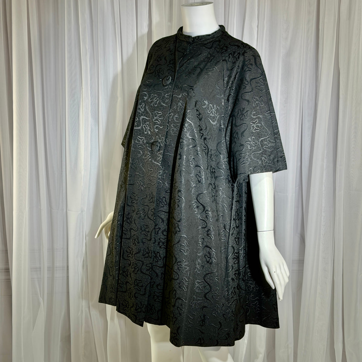 1950s Vintage evening swing coat, Black silk jacquard garland and bows opera coat