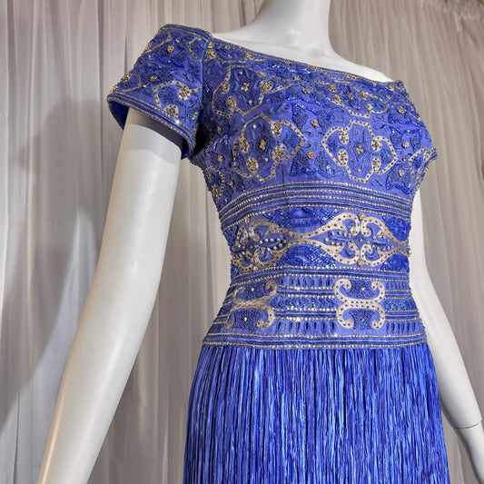 MARY MCFADDEN COUTURE vintage evening dress gown, 1980s royal blue beaded plisse gown