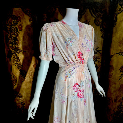 1930s vintage dressing gown robe, Peachy Pink Satin Rose print floral wrap hostess gown