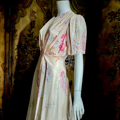 1930s vintage dressing gown robe, Peachy Pink Satin Rose print floral wrap hostess gown