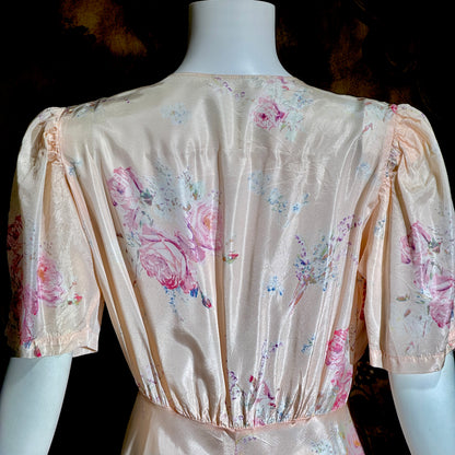 1930s vintage dressing gown robe, Peachy Pink Satin Rose print floral wrap hostess gown