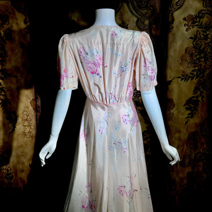 1930s vintage dressing gown robe, Peachy Pink Satin Rose print floral wrap hostess gown