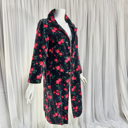 TOWN & COUNTRY vintage 1960s evening coat, black velvet rose print midi coat