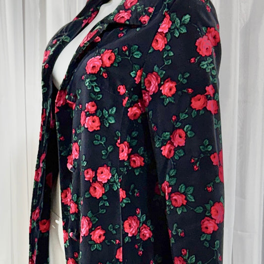TOWN & COUNTRY vintage 1960s evening coat, black velvet rose print midi coat