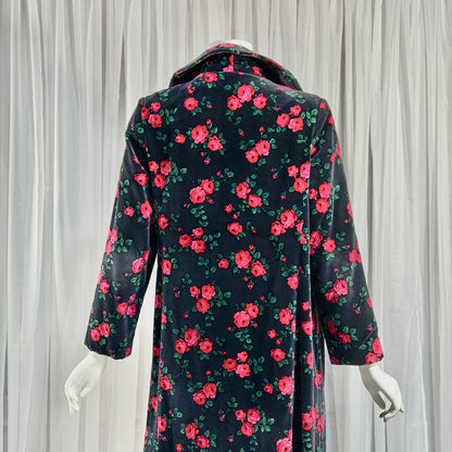 TOWN & COUNTRY vintage 1960s evening coat, black velvet rose print midi coat