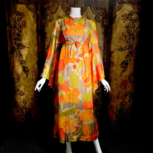 BOB BUGNAND Sam Friedlander,  Martha Weathered, vintage 1960s evening dress, Orange floral angel sleeves