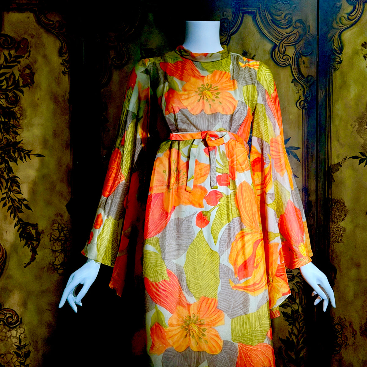 BOB BUGNAND Sam Friedlander,  Martha Weathered, vintage 1960s evening dress, Orange floral angel sleeves