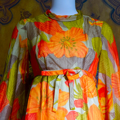 BOB BUGNAND Sam Friedlander,  Martha Weathered, vintage 1960s evening dress, Orange floral angel sleeves