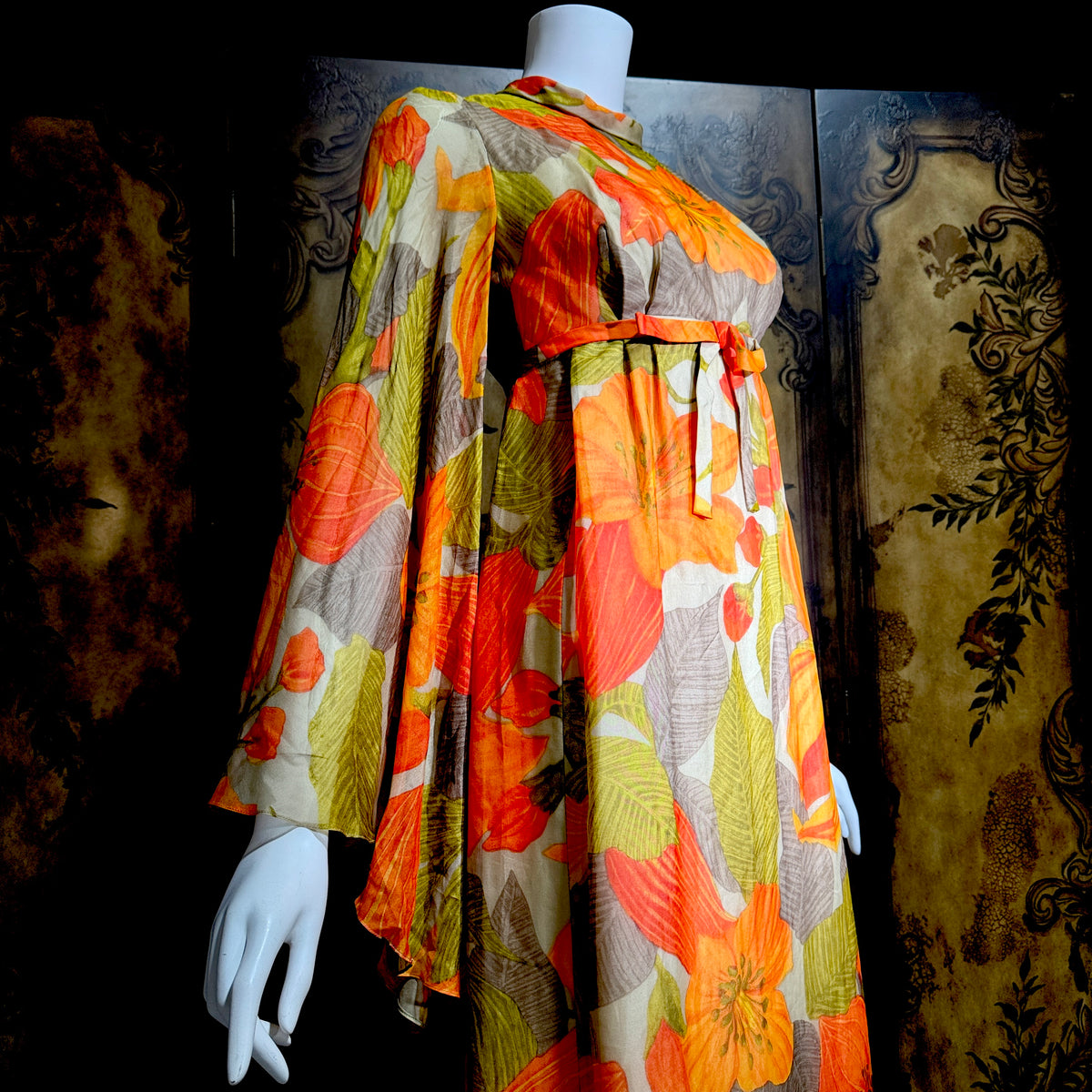 BOB BUGNAND Sam Friedlander,  Martha Weathered, vintage 1960s evening dress, Orange floral angel sleeves