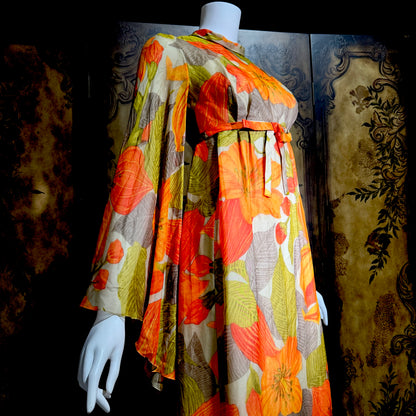 BOB BUGNAND Sam Friedlander,  Martha Weathered, vintage 1960s evening dress, Orange floral angel sleeves