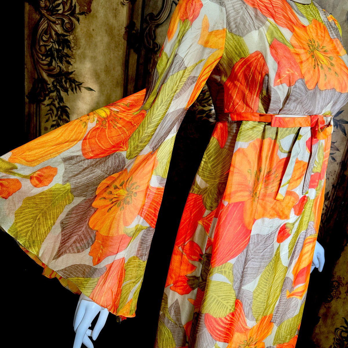 BOB BUGNAND Sam Friedlander,  Martha Weathered, vintage 1960s evening dress, Orange floral angel sleeves