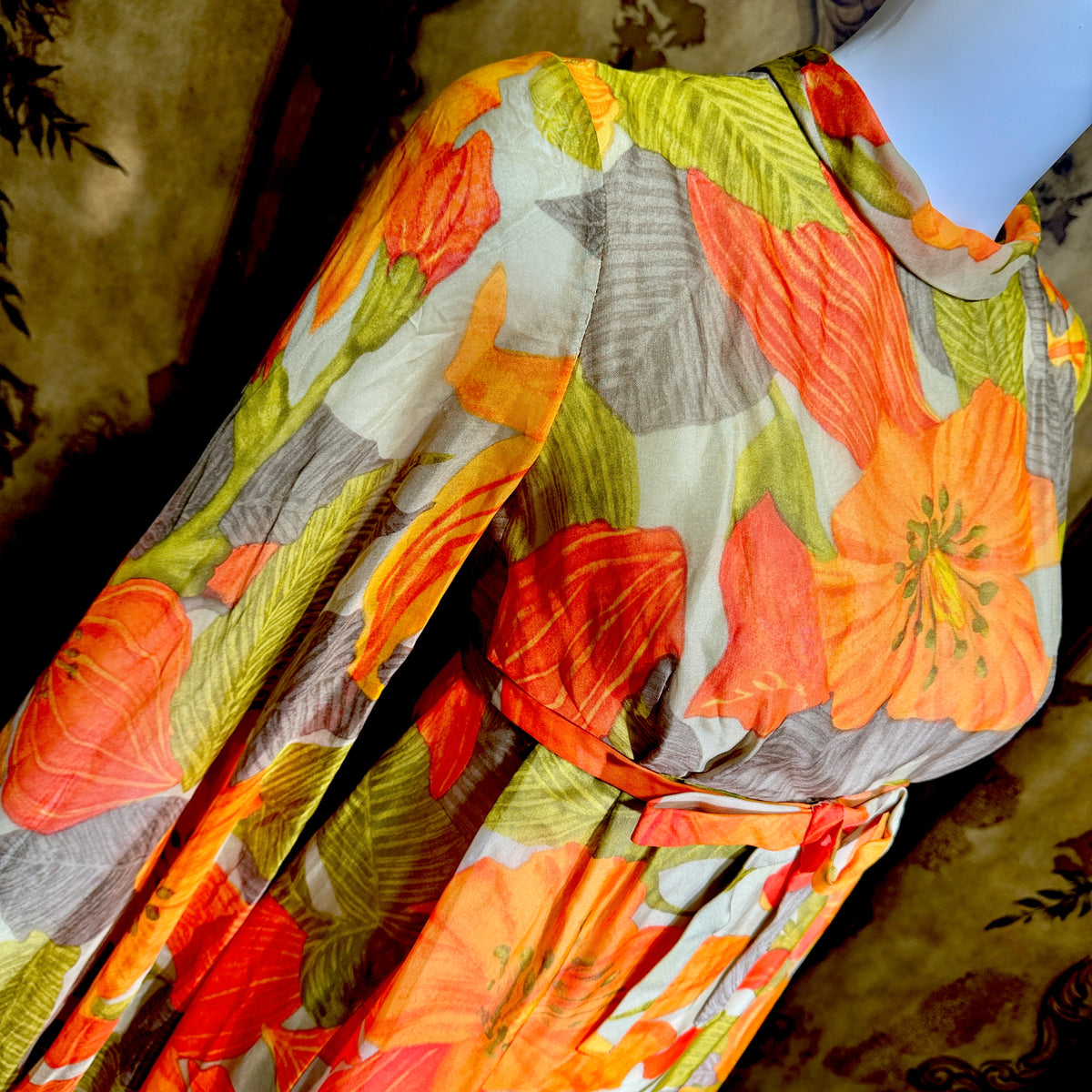 BOB BUGNAND Sam Friedlander,  Martha Weathered, vintage 1960s evening dress, Orange floral angel sleeves