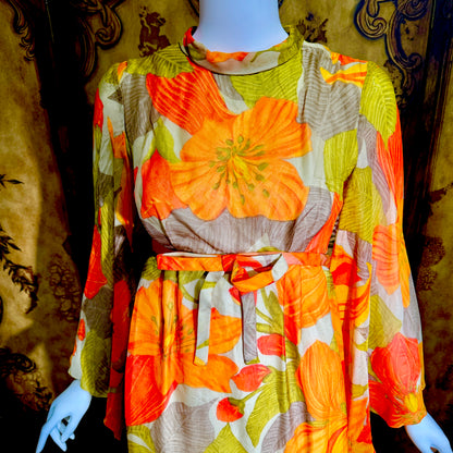 BOB BUGNAND Sam Friedlander,  Martha Weathered, vintage 1960s evening dress, Orange floral angel sleeves