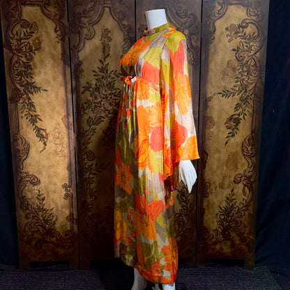 BOB BUGNAND Sam Friedlander,  Martha Weathered, vintage 1960s evening dress, Orange floral angel sleeves