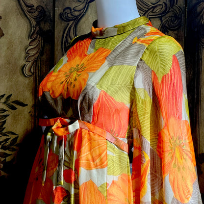 BOB BUGNAND Sam Friedlander,  Martha Weathered, vintage 1960s evening dress, Orange floral angel sleeves