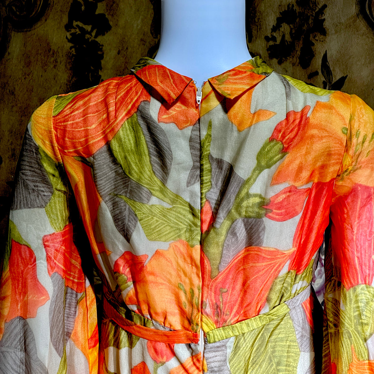 BOB BUGNAND Sam Friedlander,  Martha Weathered, vintage 1960s evening dress, Orange floral angel sleeves