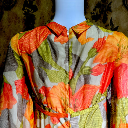 BOB BUGNAND Sam Friedlander,  Martha Weathered, vintage 1960s evening dress, Orange floral angel sleeves