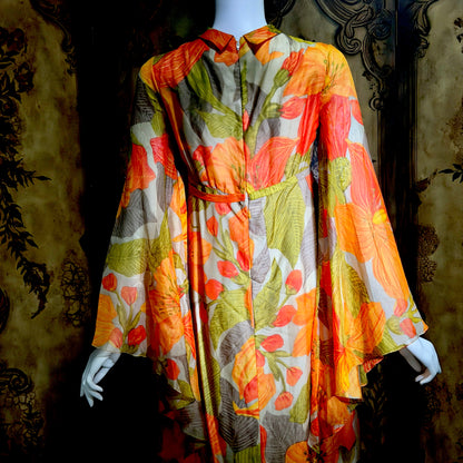 BOB BUGNAND Sam Friedlander,  Martha Weathered, vintage 1960s evening dress, Orange floral angel sleeves