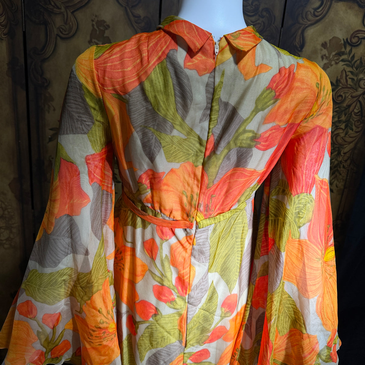 BOB BUGNAND Sam Friedlander,  Martha Weathered, vintage 1960s evening dress, Orange floral angel sleeves