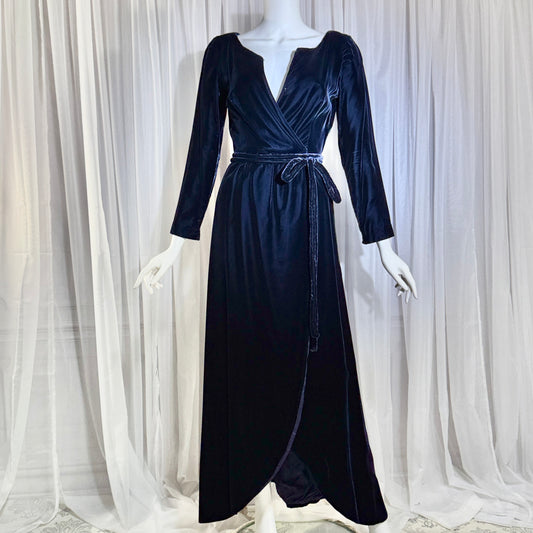 MOLLIE PARNIS vintage 1960s blue velvet wrap evening dress, Morty Sussman