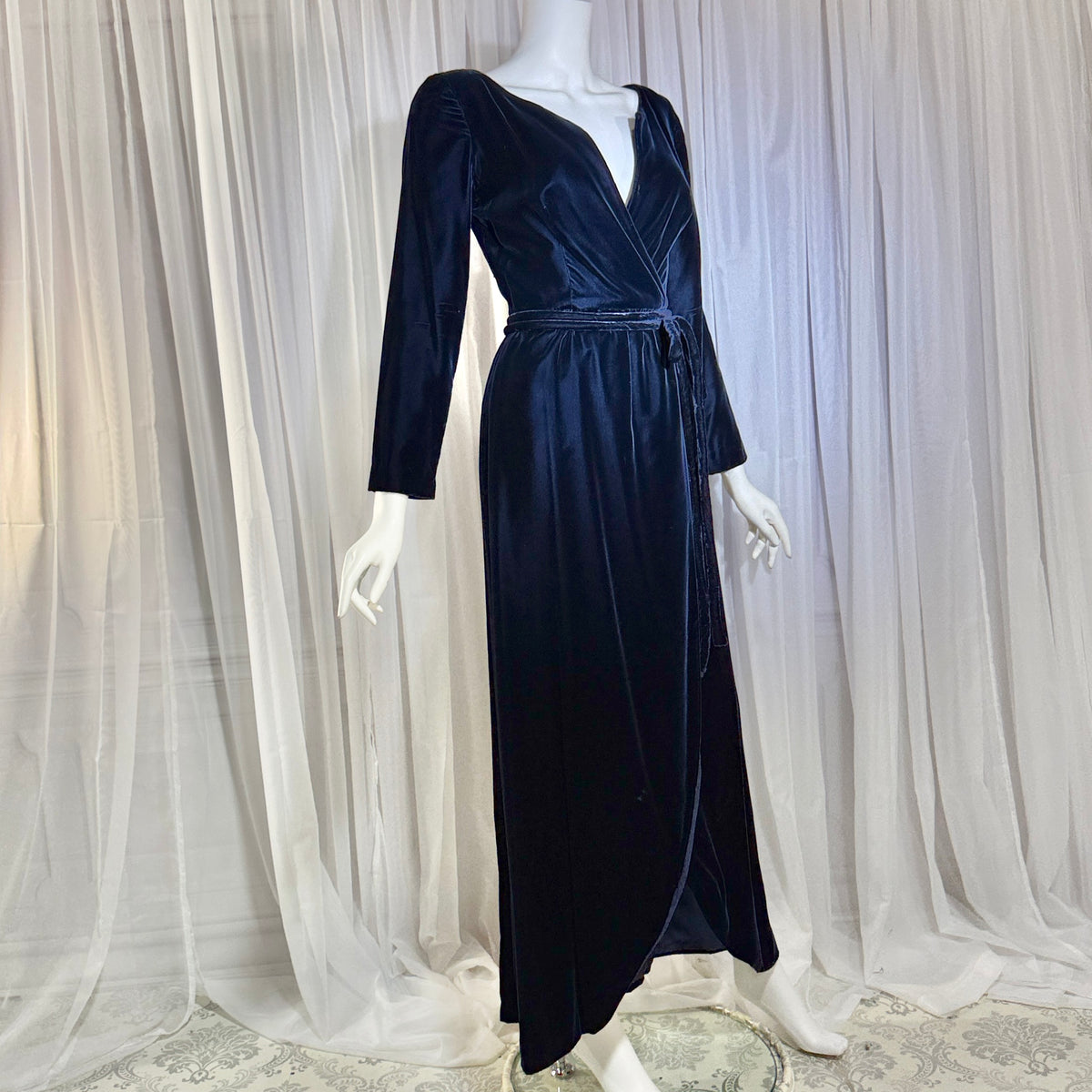 MOLLIE PARNIS vintage 1960s blue velvet wrap evening dress, Morty Sussman