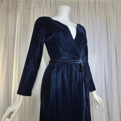 MOLLIE PARNIS vintage 1960s blue velvet wrap evening dress, Morty Sussman