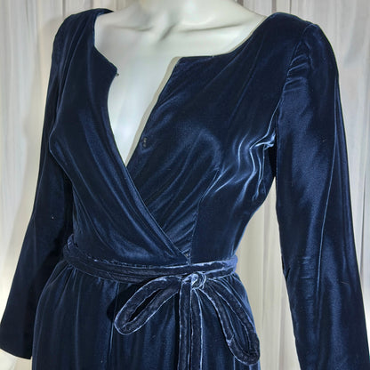 MOLLIE PARNIS vintage 1960s blue velvet wrap evening dress, Morty Sussman