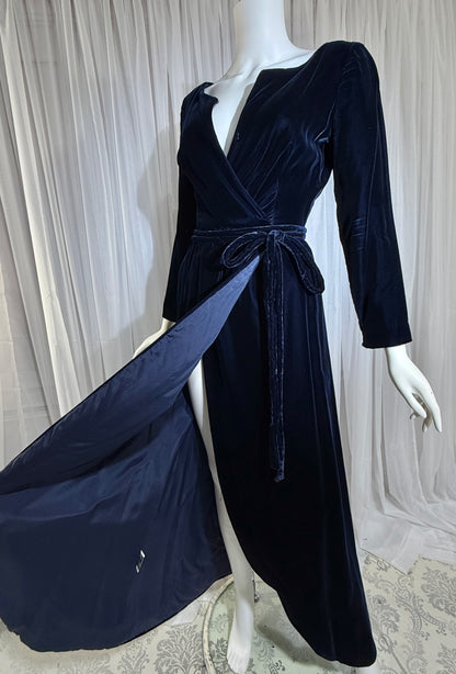 MOLLIE PARNIS vintage 1960s blue velvet wrap evening dress, Morty Sussman