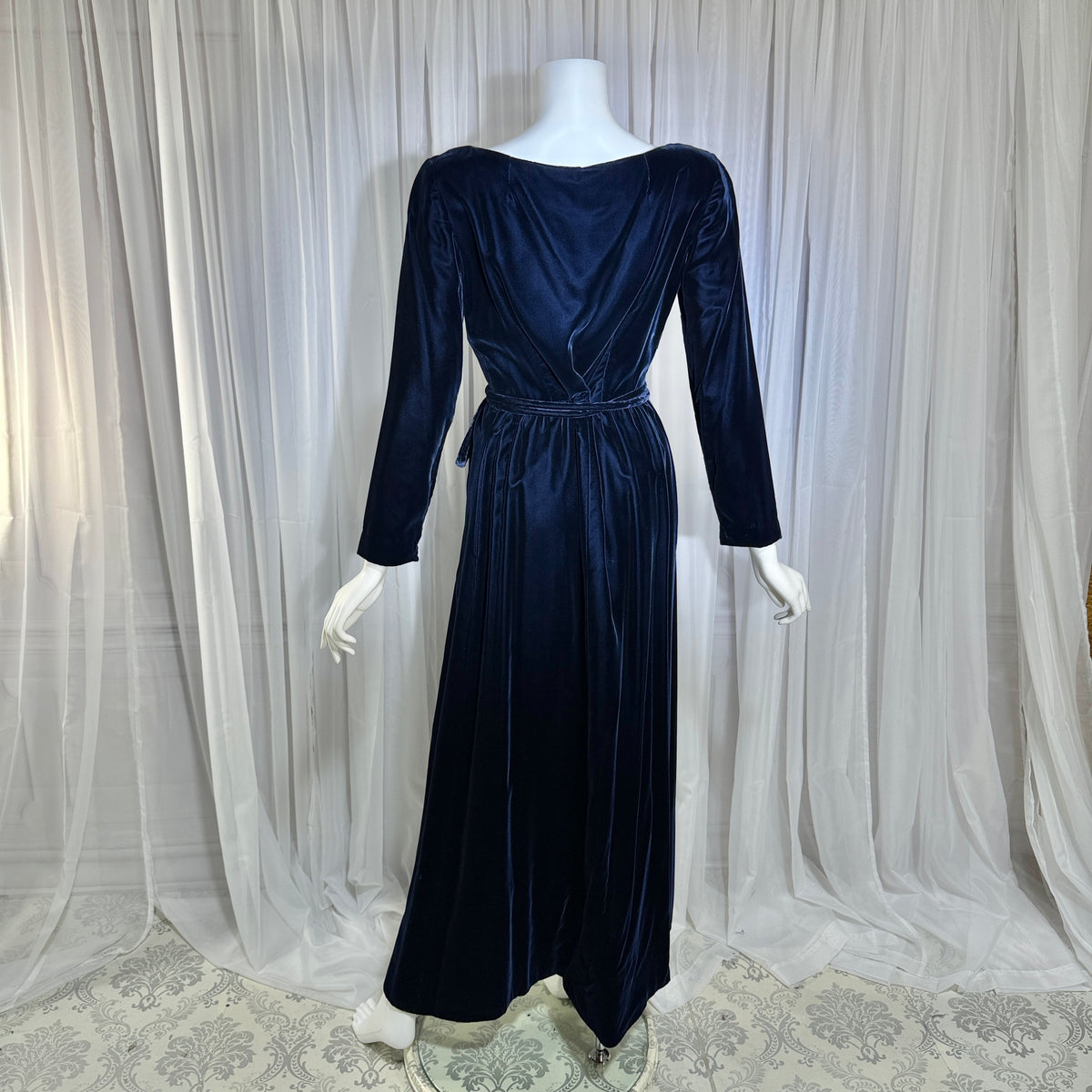 MOLLIE PARNIS vintage 1960s blue velvet wrap evening dress, Morty Sussman