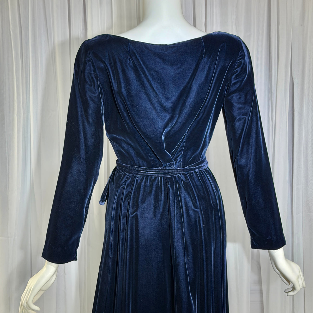 MOLLIE PARNIS vintage 1960s blue velvet wrap evening dress, Morty Sussman