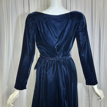MOLLIE PARNIS vintage 1960s blue velvet wrap evening dress, Morty Sussman