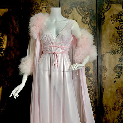 Vintage INTIME nightgown peignoir set, 1960s frothy pink marabou slip dress robe lingerie gown