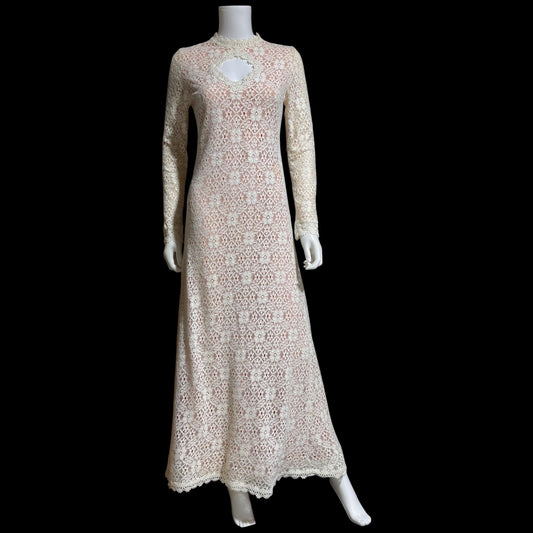 I MAGNIN vintage 1970s crochet maxi dress, Rebecca white cotton lace boho wedding dress