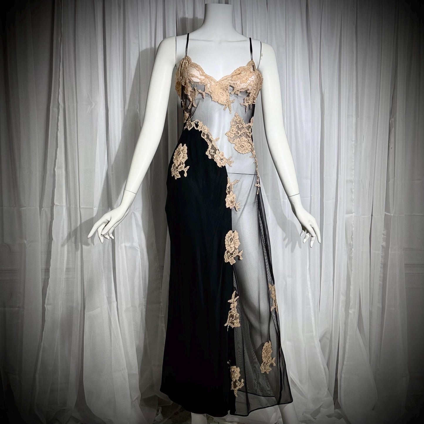 JACALYN BENNETT vintage silk nightgown slip dress, FREDERICKS 1990s black silk and sheer mesh lingerie dress