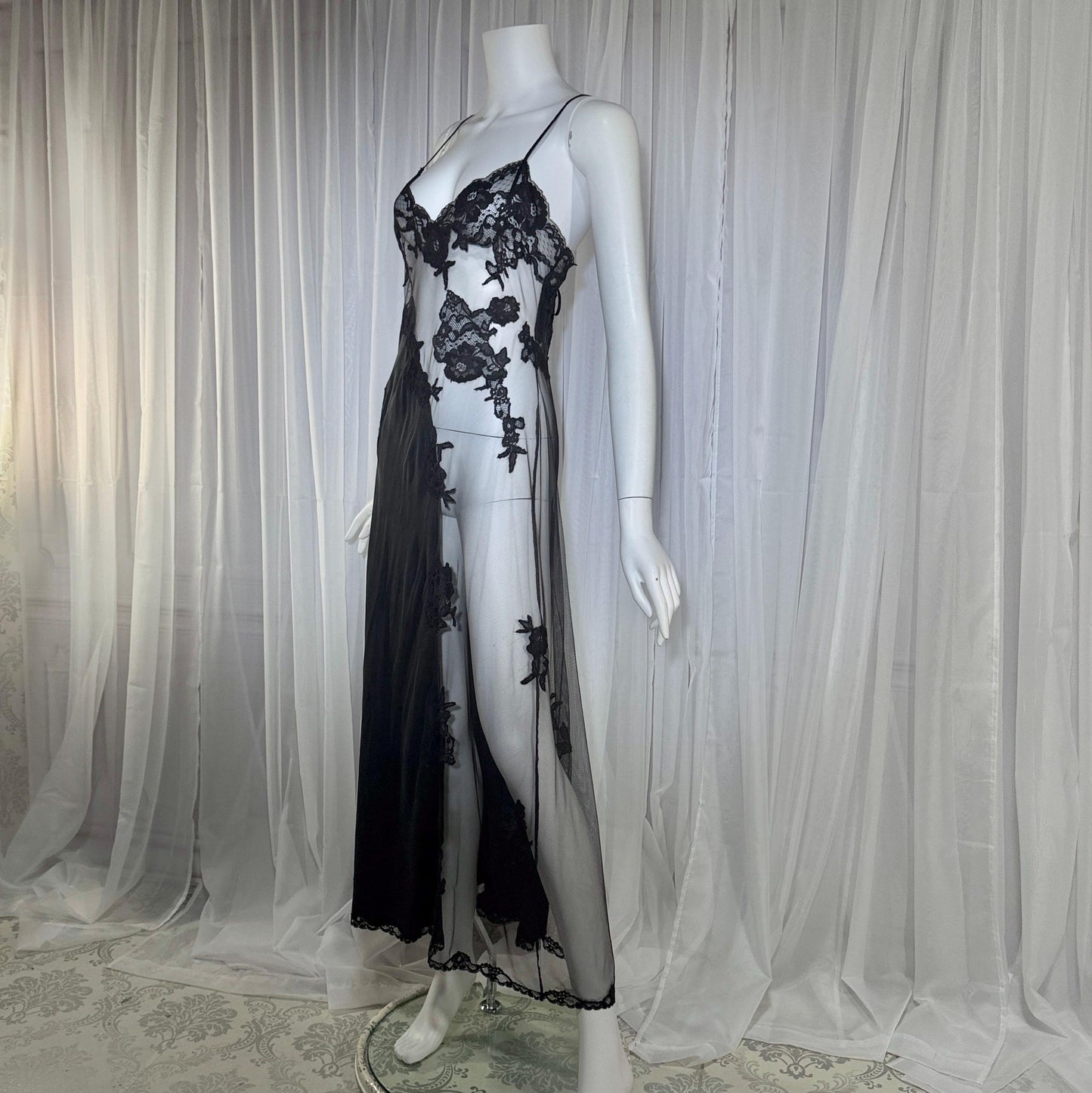 JACALYN BENNETT vintage silk nightgown slip dress, FREDERICK'S 1990s black silk and sheer mesh lingerie dress
