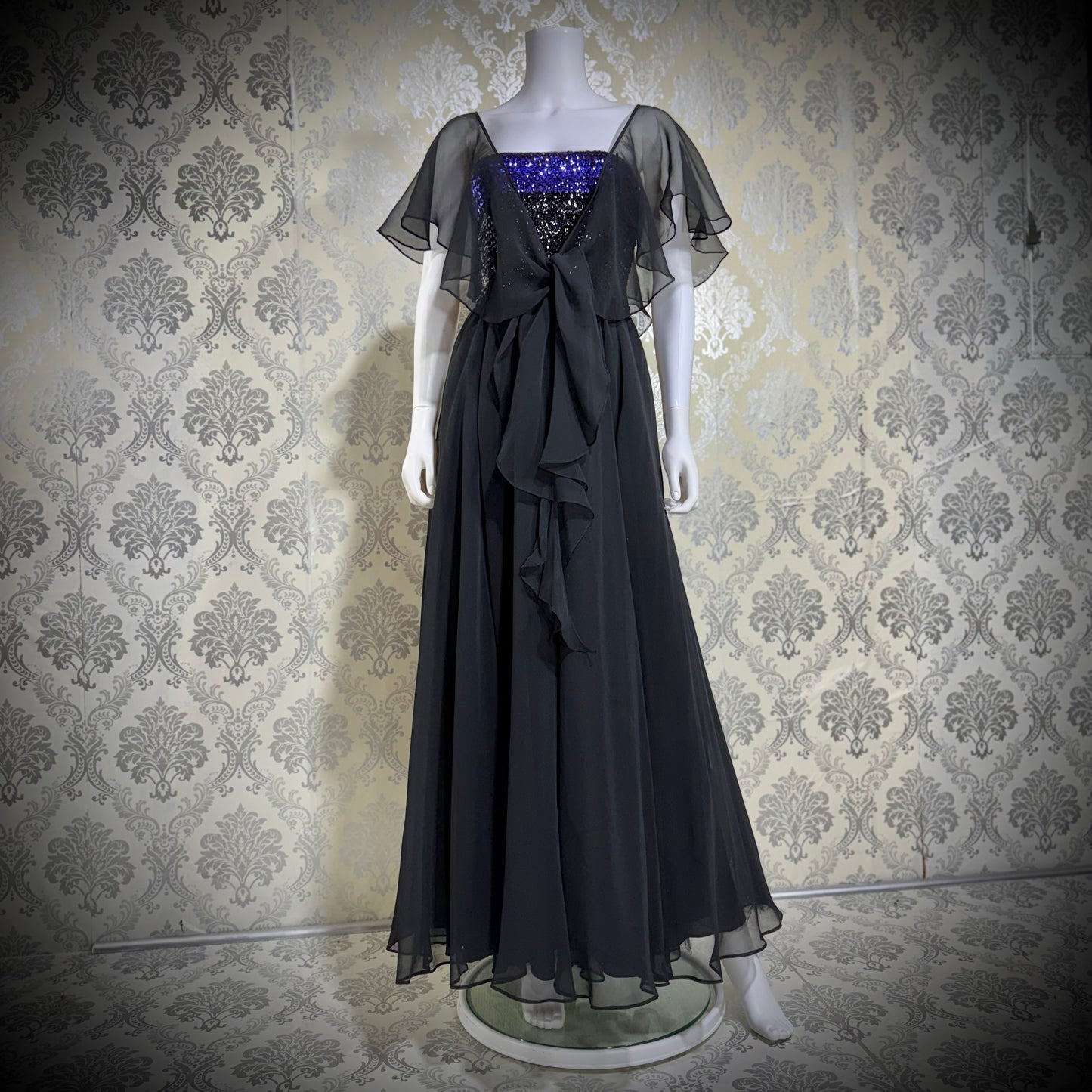 JEAN VARON, Made in England, vintage 1970s sequin and chiffon scarf evening dress