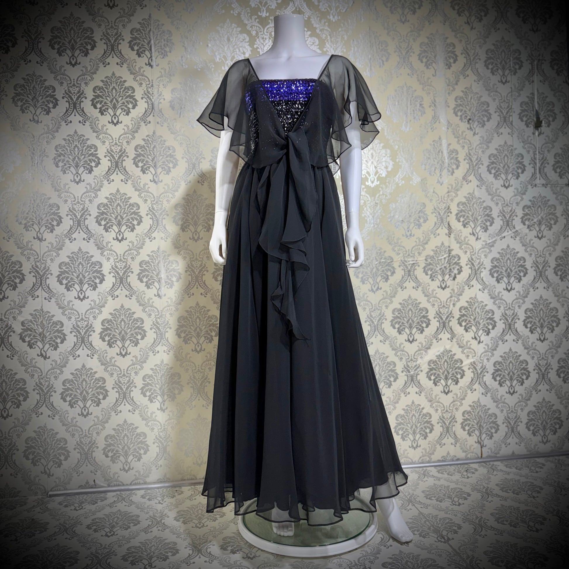 JEAN VARON, Made in England, vintage 1970s sequin and chiffon scarf evening dress