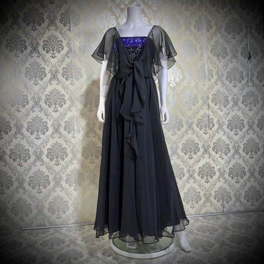 JEAN VARON, Made in England, vintage 1970s sequin and chiffon scarf evening dress