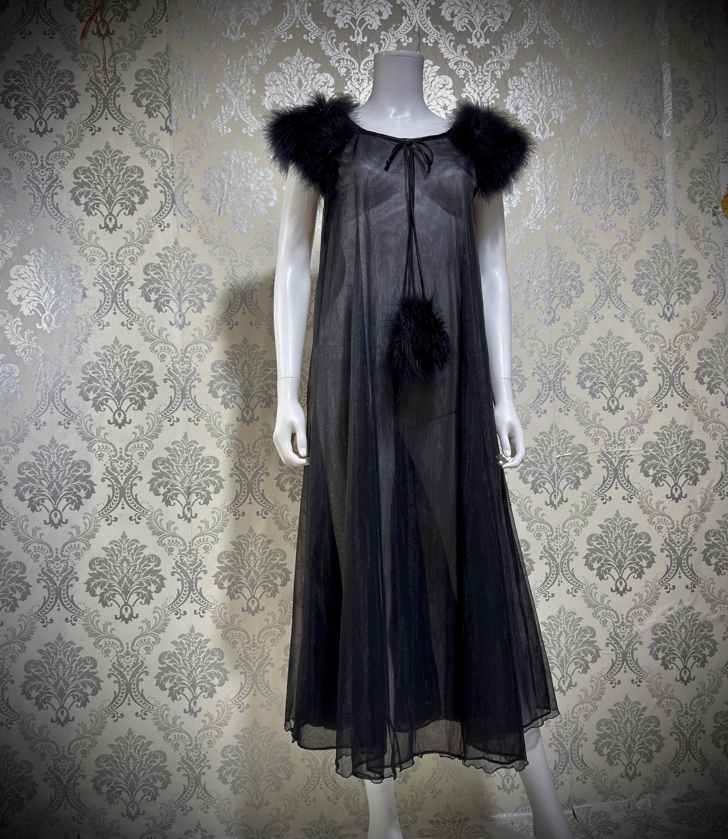 JENELLE Vintage nightgown caftan dress, 1960s Sheer black nylon with marabou lingerie dress