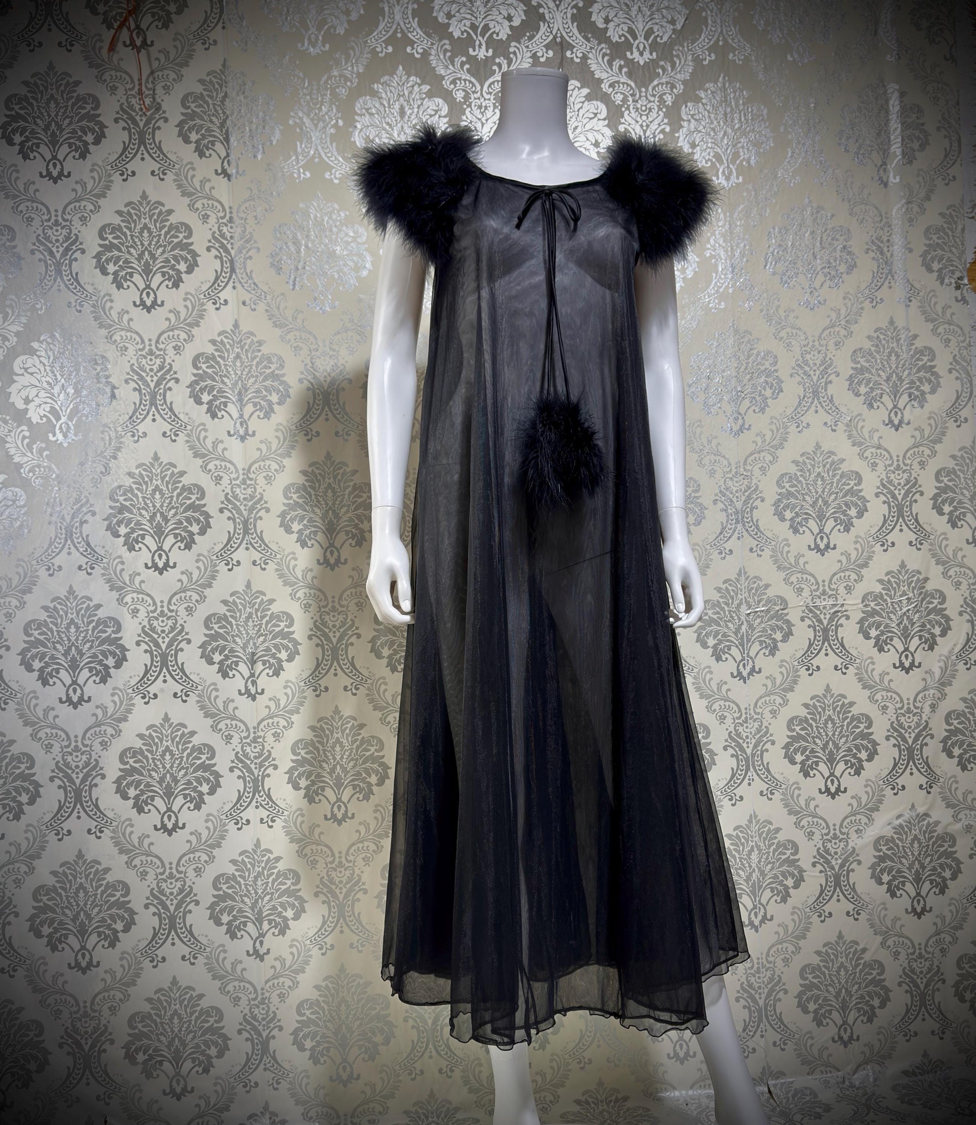 JENELLE Vintage nightgown caftan dress, 1960s Sheer black nylon with marabou lingerie dress