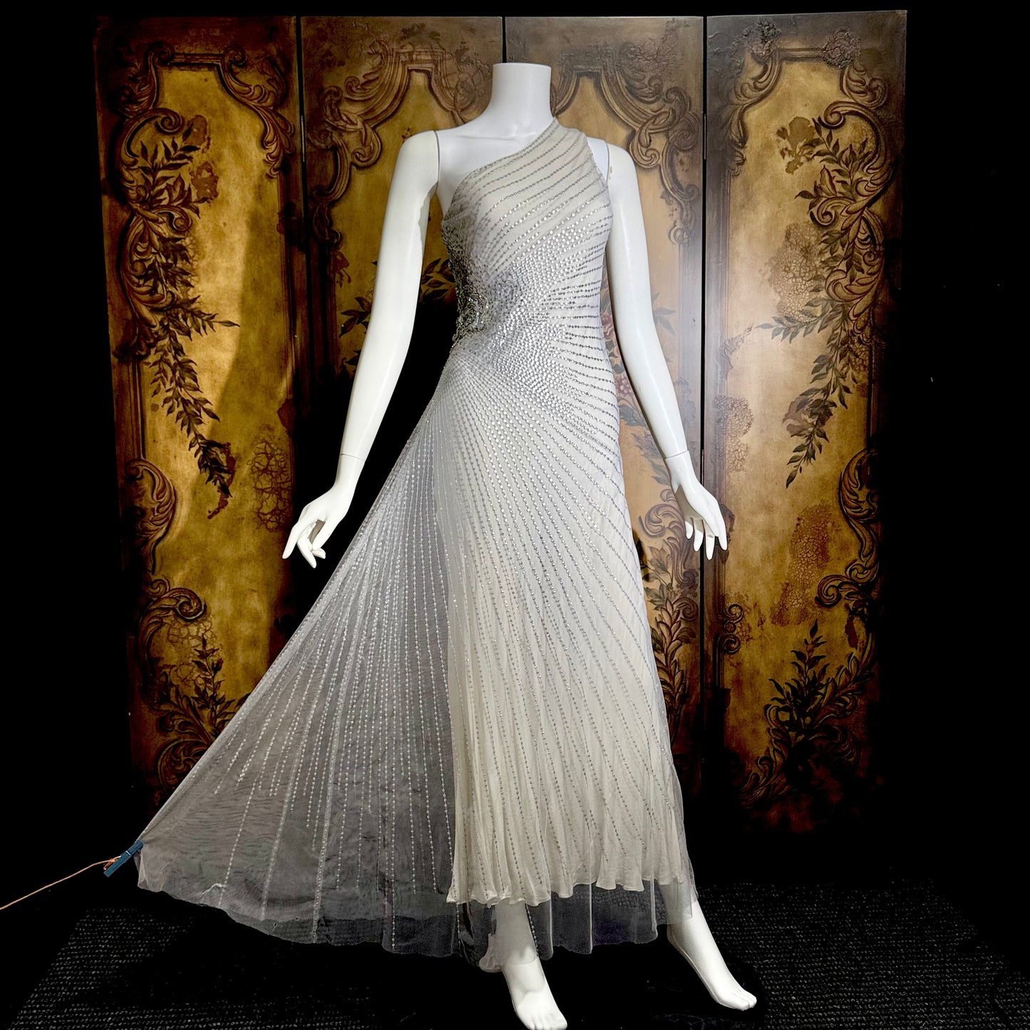 JENNY PACKHAM vintage evening dress gown, Y2K silver sequin one shoulder gown