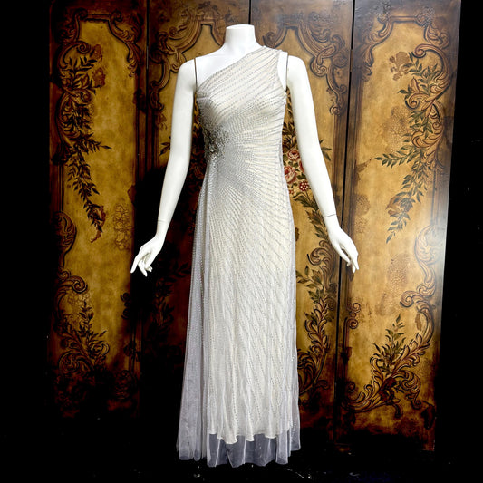 JENNY PACKHAM vintage evening dress gown, Y2K silver sequin one shoulder gown