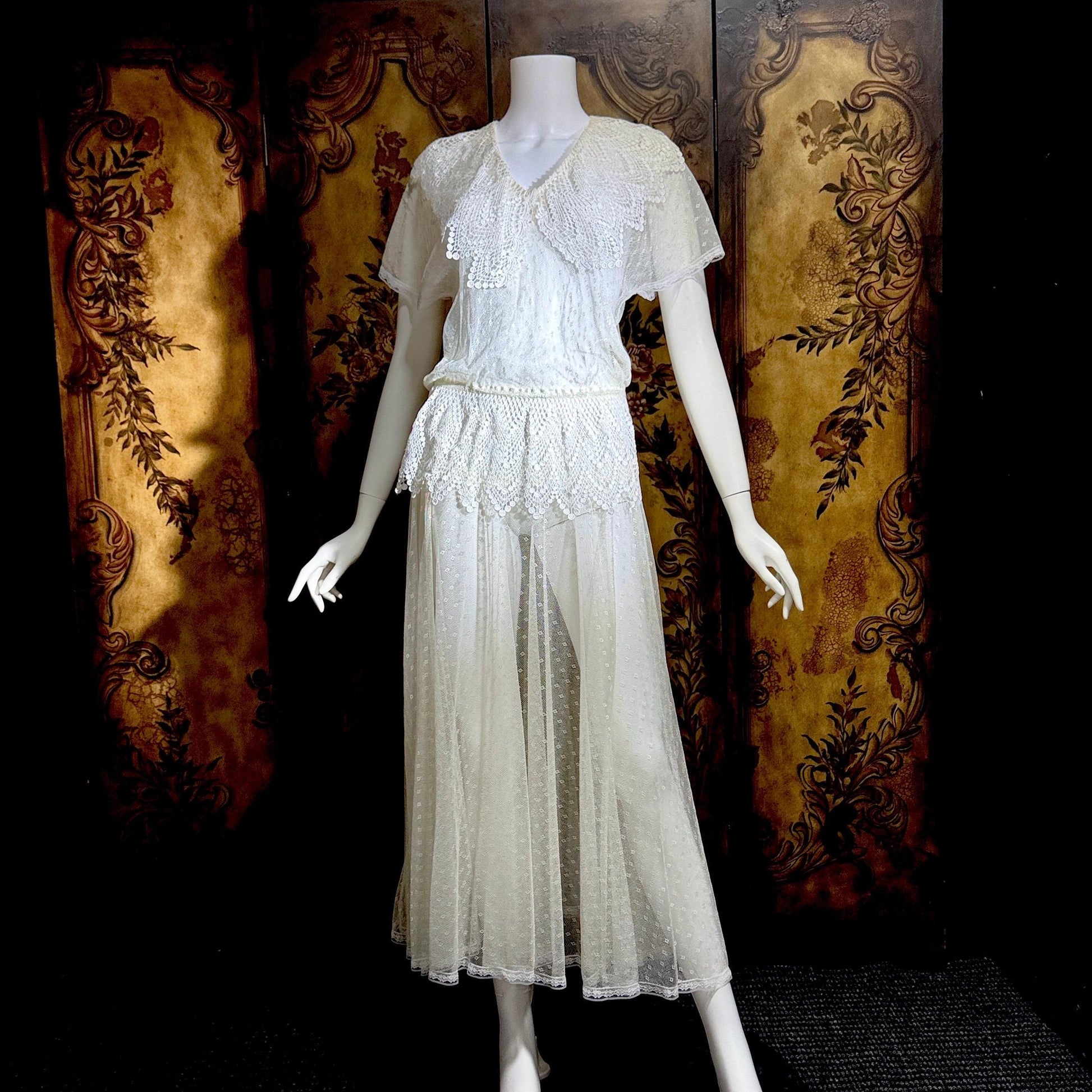 JESSICA MCCLINTOCK Vintage 1970s dress, Sheer White Net Blouson Peplum wedding dress Dress