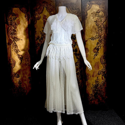 JESSICA MCCLINTOCK Vintage 1970s dress, Sheer White Net Blouson Peplum wedding dress Dress